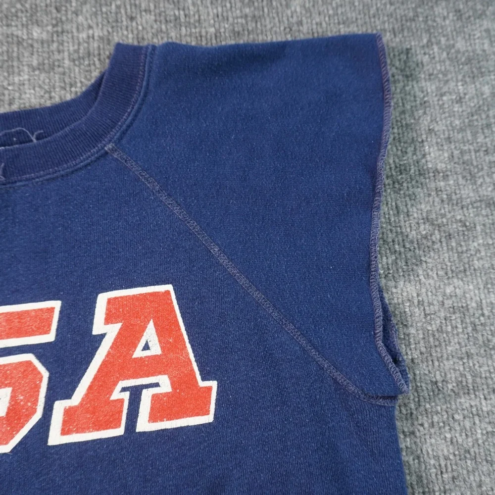 Champion Sweatshirt Mens Medium Blue USA Graphic Cut Off Muscle Retro 70s 80s